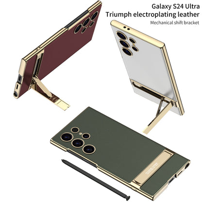 Stylish Leather Electroplated Phone Case with Discreet Holder for Galaxy S25, S24, S23 Ultra Plus