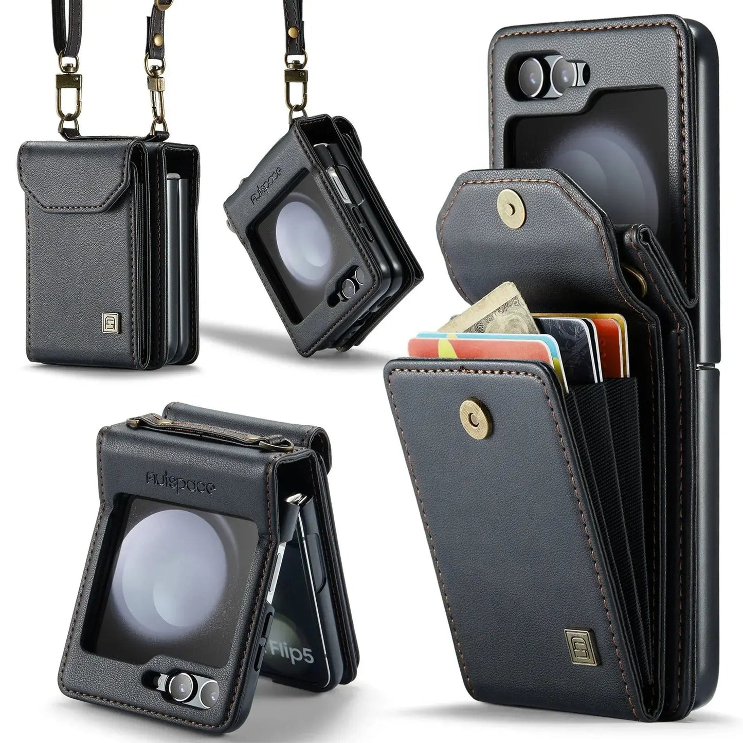 Premium Leather Wallet Case with Strap for Galaxy Z Flip 6