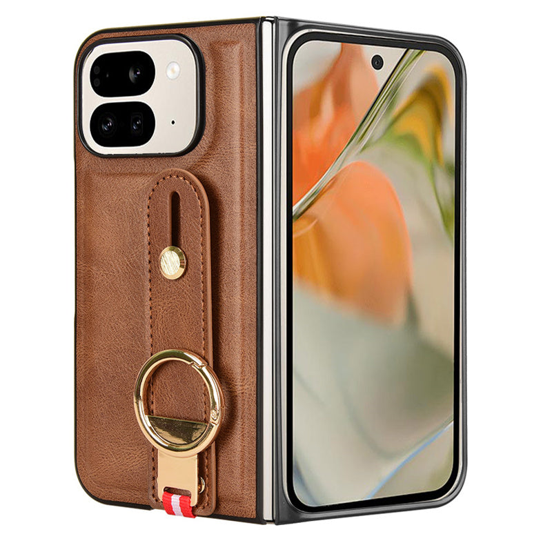 Elegant Leather Wristband Case for Google Pixel 9 Pro Fold - Stylish Foldable Cover with Convenient Ring Opener Hook